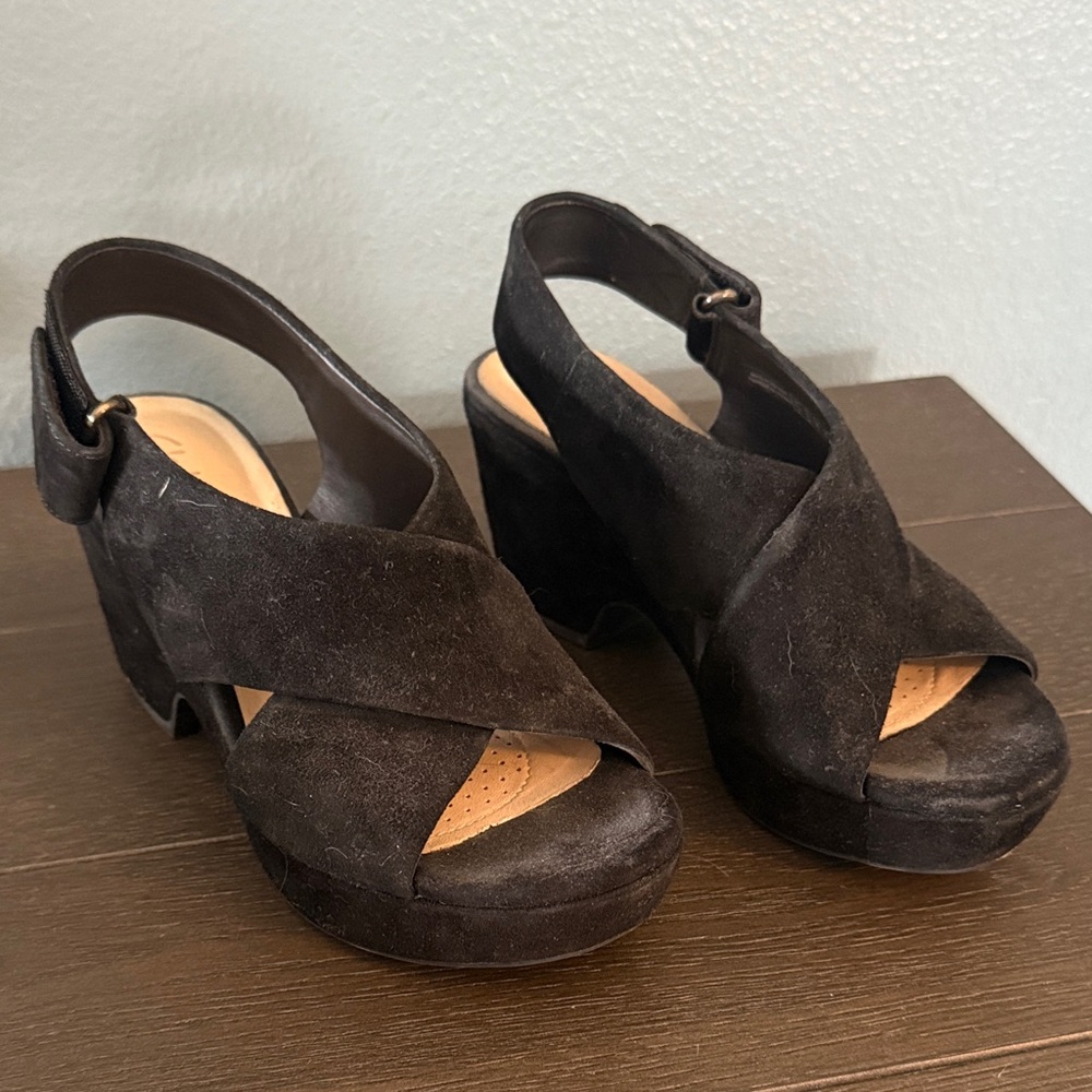 Clarks Black Suede Platform Heels